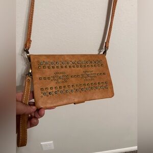 Studded Brown Crossbody Wallet with Wristlet